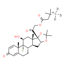 ChemSpider 2D Image | 2-[(4aS,4bR,5S,6aS,6bS,9aR,10aS,10bS)-4b-Fluoro-5-hydroxy-4a,6a,8,8-tetramethyl-2-oxo-2,4a,4b,5,6,6a,9a,10,10a,10b,11,12-dodecahydro-6bH-naphtho[2',1':4,5]indeno[1,2-d][1,3]dioxol-6b-yl]-2-oxoethyl 3,
3-dimethyl(4-~13~C,4,4,4-~2~H_3_)butanoate | C2913CH38D3FO7