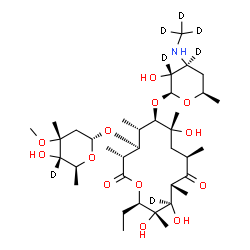 ChemSpider 2D Image | (3R,4S,5S,6R,7R,9R,11R,12R,13R,14R)-14-Ethyl-7,12,13-trihydroxy-4-{[(2R,4R,5S,6S)-5-hydroxy-4-methoxy-4,6-dimethyl(5-~2~H)tetrahydro-2H-pyran-2-yl]oxy}-6-{[(2S,3R,4S,6R)-3-hydroxy-6-methyl-4-[(~2~H_3_
)methylamino](3,4-~2~H_2_)tetrahydro-2H-pyran-2-yl]oxy}-3,5,7,9,11,13-hexamethyl(12-~2~H)oxacyclotetradecane-2,10-dione (non-preferred name) | C36H58D7NO13