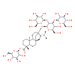 ChemSpider 2D Image | 1-O-[(5beta,8alpha,9beta,10alpha,13alpha)-13-{[beta-D-Glucopyranosyl-(1->3)-[beta-L-glucopyranosyl-(1->2)]-beta-D-glucopyranosyl]oxy}-18-oxo(17-~13~C,17,17-~2~H_2_)kaur-16-en-18-yl]-beta-D-glucopyrano
se | C4313CH68D2O23