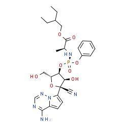ChemSpider 2D Image | 2-Ethylbutyl (2S)-2-{[(S)-{[(2R,3S,4R,5R)-5-(4-aminopyrrolo[2,1-f][1,2,4]triazin-7-yl)-5-cyano-4-hydroxy-2-(hydroxymethyl)tetrahydro-3-furanyl]oxy}(phenoxy)phosphoryl]amino}propanoate (non-preferred n
ame) | C27H35N6O8P