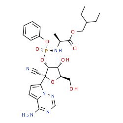 ChemSpider 2D Image | 2-Ethylbutyl (2S)-2-{[(S)-{[(2R,3R,4R,5R)-2-(4-aminopyrrolo[2,1-f][1,2,4]triazin-7-yl)-2-cyano-4-hydroxy-5-(hydroxymethyl)tetrahydro-3-furanyl]oxy}(phenoxy)phosphoryl]amino}propanoate (non-preferred n
ame) | C27H35N6O8P