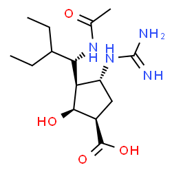 ChemSpider 2D Image | (1R,2S,3R,4R)-3-[(1S)-1-Acetamido-2-ethylbutyl]-4-carbamimidamido-2-hydroxycyclopentanecarboxylic acid | C15H28N4O4