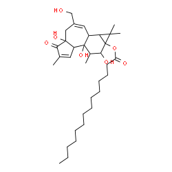 ChemSpider 2D Image | 4a,7b,9-Trihydroxy-3-(hydroxymethyl)-1,1,6,8-tetramethyl-5-oxo-1,1a,1b,4,4a,5,7a,7b,8,9-decahydro-9aH-cyclopropa[3,4]benzo[1,2-e]azulen-9a-yl myristate | C34H54O7