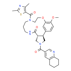 ChemSpider 2D Image | (2S,6R)-12-[(2,4-Dimethyl-1,3-thiazol-5-yl)carbonyl]-17-methoxy-4-(5,6,7,8-tetrahydro-3-quinolinylcarbonyl)-15-oxa-4,8,12-triazatricyclo[14.3.1.0~2,6~]icosa-1(20),16,18-trien-7-one | C33H39N5O5S