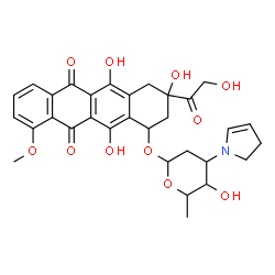 ChemSpider 2D Image | 3-Glycoloyl-3,5,12-trihydroxy-10-methoxy-6,11-dioxo-1,2,3,4,6,11-hexahydro-1-tetracenyl 2,3,6-trideoxy-3-(2,3-dihydro-1H-pyrrol-1-yl)hexopyranoside | C31H33NO11