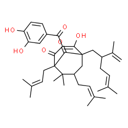 ChemSpider 2D Image | 3-(3,4-Dihydroxybenzoyl)-4-hydroxy-5-(2-isopropenyl-5-methyl-4-hexen-1-yl)-8,8-dimethyl-1,7-bis(3-methyl-2-buten-1-yl)bicyclo[3.3.1]non-3-ene-2,9-dione | C38H50O6