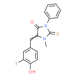 ChemSpider 2D Image | 5-(4-Hydroxy-3-iodobenzylidene)-1-methyl-3-phenyl-2-thioxo-4-imidazolidinone | C17H13IN2O2S