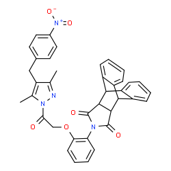 ChemSpider 2D Image | 17-(2-{2-[3,5-Dimethyl-4-(4-nitrobenzyl)-1H-pyrazol-1-yl]-2-oxoethoxy}phenyl)-17-azapentacyclo[6.6.5.0~2,7~.0~9,14~.0~15,19~]nonadeca-2,4,6,9,11,13-hexaene-16,18-dione | C38H30N4O6