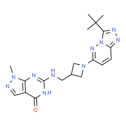 ChemSpider 2D Image | 1-Methyl-6-[({1-[3-(2-methyl-2-propanyl)[1,2,4]triazolo[4,3-b]pyridazin-6-yl]-3-azetidinyl}methyl)amino]-1,5-dihydro-4H-pyrazolo[3,4-d]pyrimidin-4-one | C19H24N10O