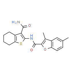 ChemSpider 2D Image | N-(3-Carbamoyl-4,5,6,7-tetrahydro-1-benzothiophen-2-yl)-3,5-dimethyl-1-benzofuran-2-carboxamide | C20H20N2O3S