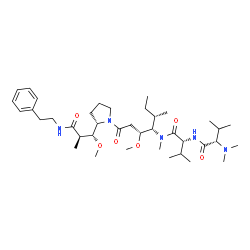 ChemSpider 2D Image | N,N-Dimethyl-L-valyl-N-{(3R,4S,5S)-3-methoxy-1-[(2S)-2-{(1R,2R)-1-methoxy-2-methyl-3-oxo-3-[(2-phenylethyl)amino]propyl}-1-pyrrolidinyl]-5-methyl-1-oxo-4-heptanyl}-N-methyl-D-valinamide | C39H67N5O6