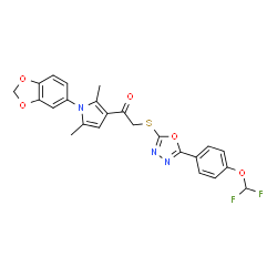 ChemSpider 2D Image | 1-[1-(1,3-Benzodioxol-5-yl)-2,5-dimethyl-1H-pyrrol-3-yl]-2-({5-[4-(difluoromethoxy)phenyl]-1,3,4-oxadiazol-2-yl}sulfanyl)ethanone | C24H19F2N3O5S