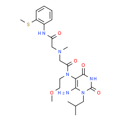 ChemSpider 2D Image | N-(6-Amino-1-isobutyl-2,4-dioxo-1,2,3,4-tetrahydro-5-pyrimidinyl)-N-(2-methoxyethyl)-2-[methyl(2-{[2-(methylsulfanyl)phenyl]amino}-2-oxoethyl)amino]acetamide | C23H34N6O5S