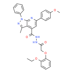 ChemSpider 2D Image | N'-[(2-Ethoxyphenoxy)acetyl]-6-(4-methoxyphenyl)-3-methyl-1-phenyl-1H-pyrazolo[3,4-b]pyridine-4-carbohydrazide | C31H29N5O5