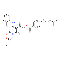 ChemSpider 2D Image | 2-[6-Amino-1-benzyl-3-(2-methoxy-2-oxoethyl)-2,4-dioxo-1,2,3,4-tetrahydro-5-pyrimidinyl]-2-oxoethyl 4-(3-methylbutoxy)benzoate | C28H31N3O8