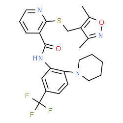 ChemSpider 2D Image | 2-{[(3,5-Dimethyl-1,2-oxazol-4-yl)methyl]sulfanyl}-N-[2-(1-piperidinyl)-5-(trifluoromethyl)phenyl]nicotinamide | C24H25F3N4O2S