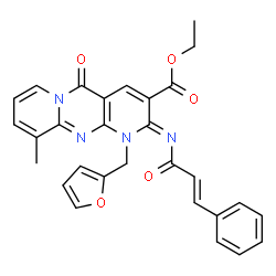 ChemSpider 2D Image | Ethyl (2Z)-1-(2-furylmethyl)-10-methyl-5-oxo-2-{[(2E)-3-phenyl-2-propenoyl]imino}-1,5-dihydro-2H-dipyrido[1,2-a:2',3'-d]pyrimidine-3-carboxylate | C29H24N4O5