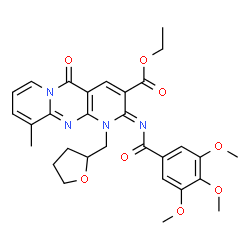 ChemSpider 2D Image | Ethyl (2Z)-10-methyl-5-oxo-1-(tetrahydro-2-furanylmethyl)-2-[(3,4,5-trimethoxybenzoyl)imino]-1,5-dihydro-2H-dipyrido[1,2-a:2',3'-d]pyrimidine-3-carboxylate | C30H32N4O8