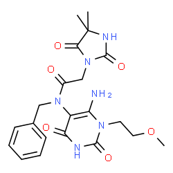 ChemSpider 2D Image | N-[6-Amino-1-(2-methoxyethyl)-2,4-dioxo-1,2,3,4-tetrahydro-5-pyrimidinyl]-N-benzyl-2-(4,4-dimethyl-2,5-dioxo-1-imidazolidinyl)acetamide | C21H26N6O6