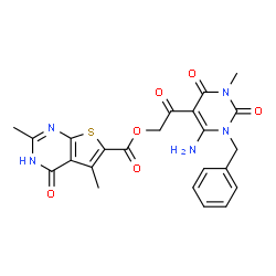 ChemSpider 2D Image | 2-(6-Amino-1-benzyl-3-methyl-2,4-dioxo-1,2,3,4-tetrahydro-5-pyrimidinyl)-2-oxoethyl 2,5-dimethyl-4-oxo-1,4-dihydrothieno[2,3-d]pyrimidine-6-carboxylate | C23H21N5O6S