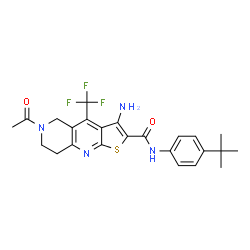 ChemSpider 2D Image | 6-Acetyl-3-amino-N-[4-(2-methyl-2-propanyl)phenyl]-4-(trifluoromethyl)-5,6,7,8-tetrahydrothieno[2,3-b][1,6]naphthyridine-2-carboxamide | C24H25F3N4O2S