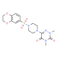 ChemSpider 2D Image | 6-[4-(2,3-Dihydro-1,4-benzodioxin-6-ylsulfonyl)-1-piperazinyl]-2,4-dimethyl-1,2,4-triazine-3,5(2H,4H)-dione | C17H21N5O6S