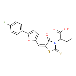 ChemSpider 2D Image | 2-[(5E)-5-{[5-(4-Fluorophenyl)-2-furyl]methylene}-4-oxo-2-thioxo-1,3-thiazolidin-3-yl]butanoic acid | C18H14FNO4S2