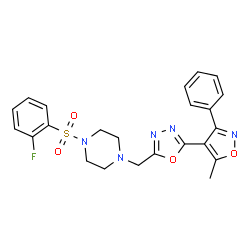 ChemSpider 2D Image | 1-[(2-Fluorophenyl)sulfonyl]-4-{[5-(5-methyl-3-phenyl-1,2-oxazol-4-yl)-1,3,4-oxadiazol-2-yl]methyl}piperazine | C23H22FN5O4S