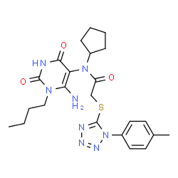 ChemSpider 2D Image | N-(6-Amino-1-butyl-2,4-dioxo-1,2,3,4-tetrahydro-5-pyrimidinyl)-N-cyclopentyl-2-{[1-(4-methylphenyl)-1H-tetrazol-5-yl]sulfanyl}acetamide | C23H30N8O3S