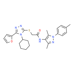 ChemSpider 2D Image | 2-{[4-Cyclohexyl-5-(2-furyl)-4H-1,2,4-triazol-3-yl]sulfanyl}-N-[3,5-dimethyl-1-(4-methylphenyl)-1H-pyrazol-4-yl]acetamide | C26H30N6O2S
