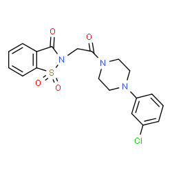 ChemSpider 2D Image | 2-{2-[4-(3-Chlorophenyl)-1-piperazinyl]-2-oxoethyl}-1,2-benzothiazol-3(2H)-one 1,1-dioxide | C19H18ClN3O4S