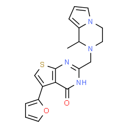 ChemSpider 2D Image | 5-(2-Furyl)-2-[(1-methyl-3,4-dihydropyrrolo[1,2-a]pyrazin-2(1H)-yl)methyl]thieno[2,3-d]pyrimidin-4(1H)-one | C19H18N4O2S