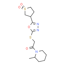ChemSpider 2D Image | 2-{[5-(1,1-Dioxidotetrahydro-3-thiophenyl)-1,3,4-oxadiazol-2-yl]sulfanyl}-1-(2-methyl-1-piperidinyl)ethanone | C14H21N3O4S2