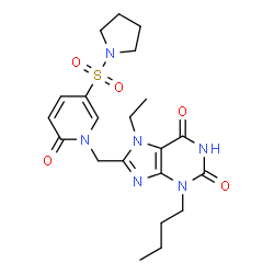 ChemSpider 2D Image | 3-Butyl-7-ethyl-8-{[2-oxo-5-(1-pyrrolidinylsulfonyl)-1(2H)-pyridinyl]methyl}-3,7-dihydro-1H-purine-2,6-dione | C21H28N6O5S