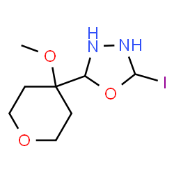 ChemSpider 2D Image | 2-Iodo-5-(4-methoxytetrahydro-2H-pyran-4-yl)-1,3,4-oxadiazolidine | C8H15IN2O3