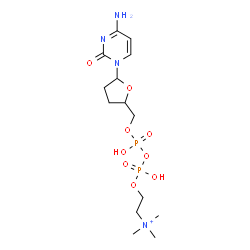 ChemSpider 2D Image | 2-{[{[{[5-(4-Amino-2-oxo-1(2H)-pyrimidinyl)tetrahydro-2-furanyl]methoxy}(hydroxy)phosphoryl]oxy}(hydroxy)phosphoryl]oxy}-N,N,N-trimethylethanaminium | C14H27N4O9P2
