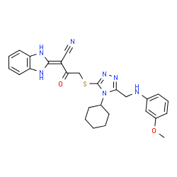 ChemSpider 2D Image | 4-[(4-Cyclohexyl-5-{[(3-methoxyphenyl)amino]methyl}-4H-1,2,4-triazol-3-yl)sulfanyl]-2-(1,3-dihydro-2H-benzimidazol-2-ylidene)-3-oxobutanenitrile | C27H29N7O2S