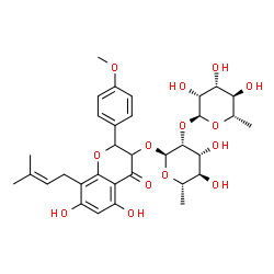 ChemSpider 2D Image | 5,7-Dihydroxy-2-(4-methoxyphenyl)-8-(3-methyl-2-buten-1-yl)-4-oxo-3,4-dihydro-2H-chromen-3-yl 6-deoxy-2-O-(6-deoxy-alpha-L-mannopyranosyl)-alpha-L-mannopyranoside | C33H42O14