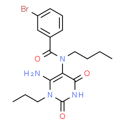ChemSpider 2D Image | N-(6-Amino-2,4-dioxo-1-propyl-1,2,3,4-tetrahydro-5-pyrimidinyl)-3-bromo-N-butylbenzamide | C18H23BrN4O3
