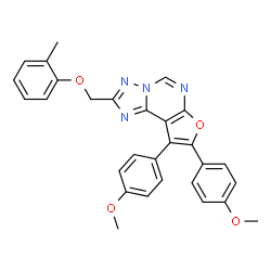 ChemSpider 2D Image | 8,9-Bis(4-methoxyphenyl)-2-[(2-methylphenoxy)methyl]furo[3,2-e][1,2,4]triazolo[1,5-c]pyrimidine | C29H24N4O4