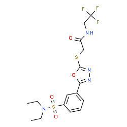ChemSpider 2D Image | 2-({5-[3-(Diethylsulfamoyl)phenyl]-1,3,4-oxadiazol-2-yl}sulfanyl)-N-(2,2,2-trifluoroethyl)acetamide | C16H19F3N4O4S2