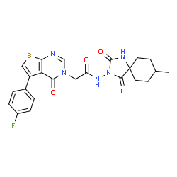 ChemSpider 2D Image | 2-[5-(4-Fluorophenyl)-4-oxothieno[2,3-d]pyrimidin-3(4H)-yl]-N-(8-methyl-2,4-dioxo-1,3-diazaspiro[4.5]dec-3-yl)acetamide | C23H22FN5O4S