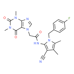 ChemSpider 2D Image | N-[3-Cyano-1-(4-fluorobenzyl)-4,5-dimethyl-1H-pyrrol-2-yl]-2-(1,3-dimethyl-2,6-dioxo-1,2,3,6-tetrahydro-7H-purin-7-yl)acetamide | C23H22FN7O3