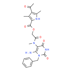ChemSpider 2D Image | 2-[(6-Amino-1-benzyl-2,4-dioxo-1,2,3,4-tetrahydro-5-pyrimidinyl)(methyl)amino]-2-oxoethyl 4-acetyl-3,5-dimethyl-1H-pyrrole-2-carboxylate | C23H25N5O6