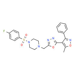 ChemSpider 2D Image | 1-[(4-Fluorophenyl)sulfonyl]-4-{[5-(5-methyl-3-phenyl-1,2-oxazol-4-yl)-1,3,4-oxadiazol-2-yl]methyl}piperazine | C23H22FN5O4S