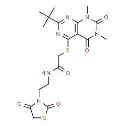 ChemSpider 2D Image | 2-{[6,8-Dimethyl-2-(2-methyl-2-propanyl)-5,7-dioxo-5,6,7,8-tetrahydropyrimido[4,5-d]pyrimidin-4-yl]sulfanyl}-N-[2-(2,4-dioxo-1,3-thiazolidin-3-yl)ethyl]acetamide | C19H24N6O5S2