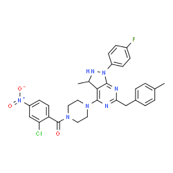 ChemSpider 2D Image | (2-Chloro-4-nitrophenyl){4-[1-(4-fluorophenyl)-3-methyl-6-(4-methylbenzyl)-2,3-dihydro-1H-pyrazolo[3,4-d]pyrimidin-4-yl]-1-piperazinyl}methanone | C31H29ClFN7O3