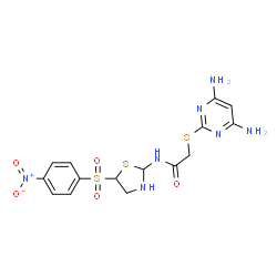 ChemSpider 2D Image | 2-[(4,6-Diamino-2-pyrimidinyl)sulfanyl]-N-{5-[(4-nitrophenyl)sulfonyl]-1,3-thiazolidin-2-yl}acetamide | C15H17N7O5S3
