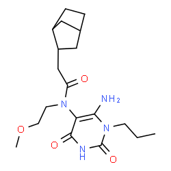 ChemSpider 2D Image | N-(6-Amino-2,4-dioxo-1-propyl-1,2,3,4-tetrahydro-5-pyrimidinyl)-2-(bicyclo[2.2.1]hept-2-yl)-N-(2-methoxyethyl)acetamide | C19H30N4O4