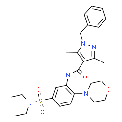 ChemSpider 2D Image | 1-Benzyl-N-[5-(diethylsulfamoyl)-2-(4-morpholinyl)phenyl]-3,5-dimethyl-1H-pyrazole-4-carboxamide | C27H35N5O4S